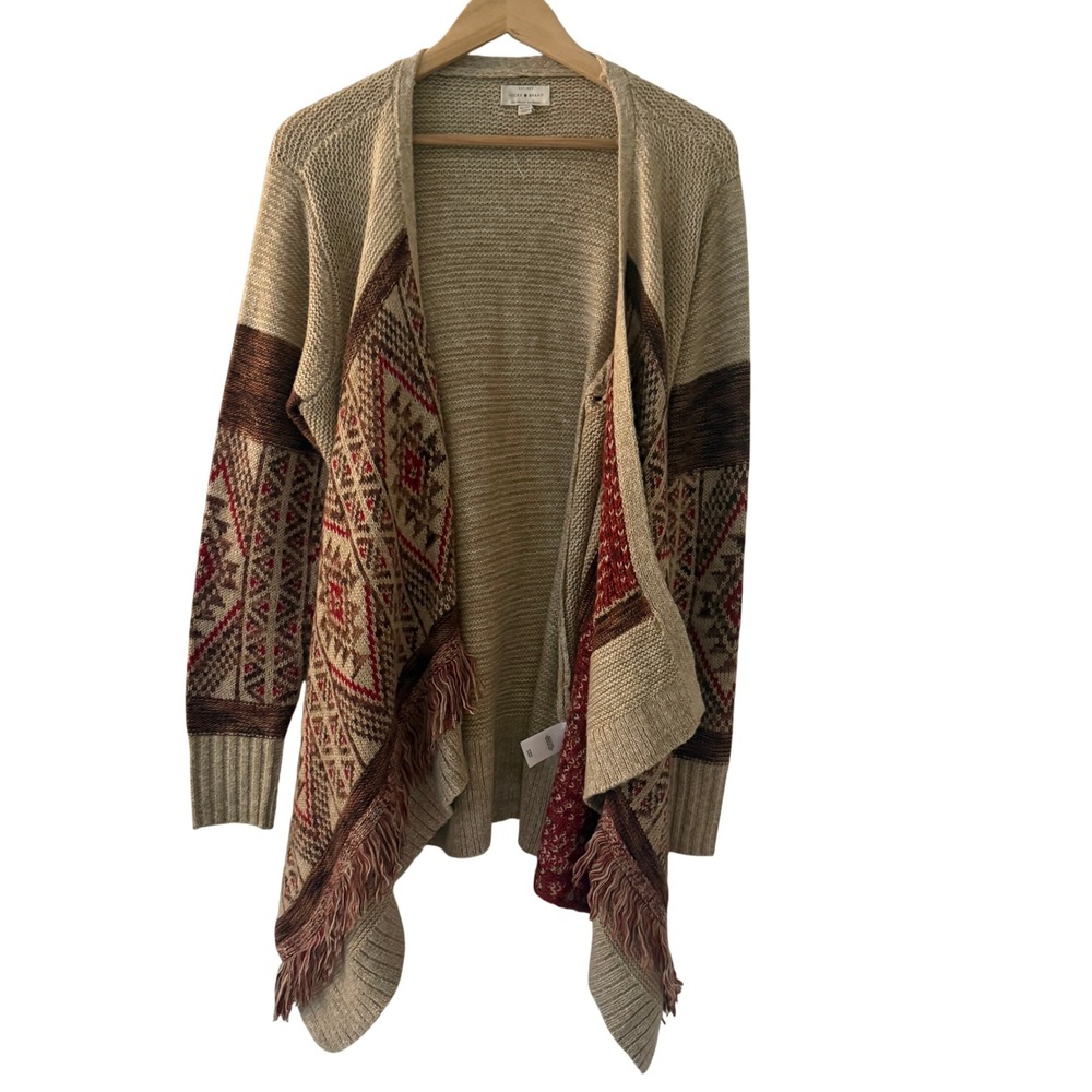 Lucky Brand Cardigan Womens XL Tan Red Aztec Fringe Open Front Sweater Excellent